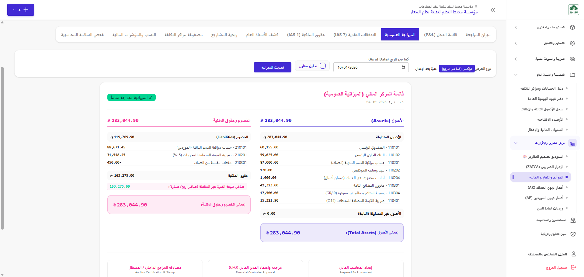 الميزانية العمومية وقائمة المركز المالي