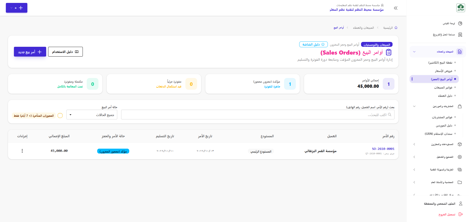 شاشة سجل أوامر البيع